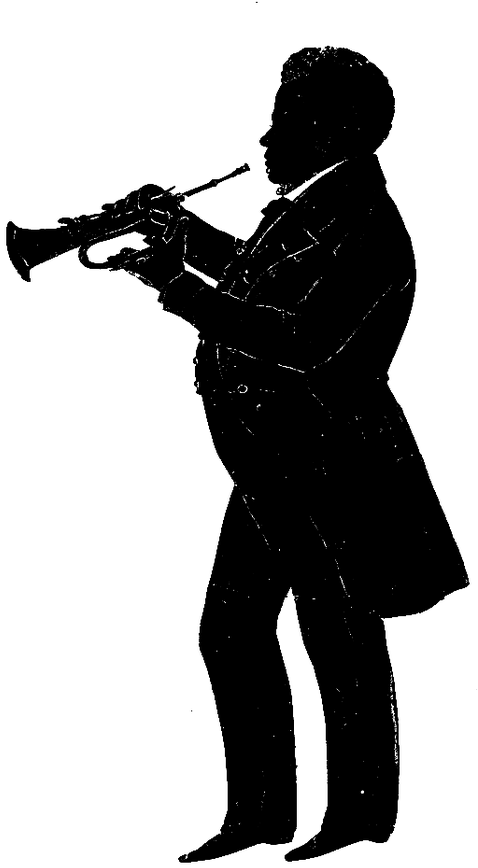 A cut silhouette of a man with a bugle, pinned